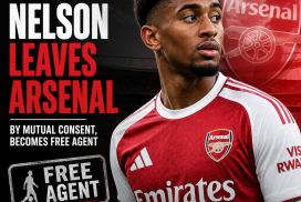 Reiss Nelson in Arsenal kit, walking off the pitch with a serious expression, symbolizing his departure from the club.