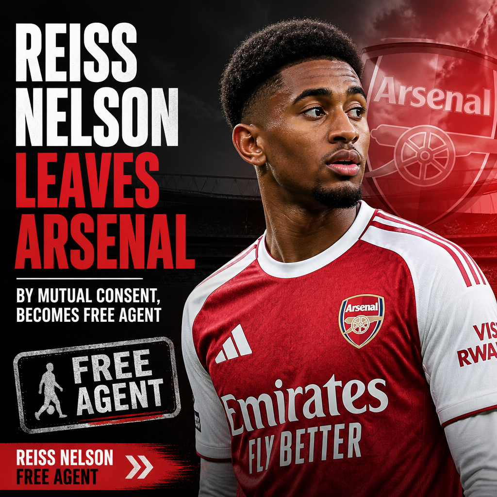 Reiss Nelson in Arsenal kit, walking off the pitch with a serious expression, symbolizing his departure from the club.