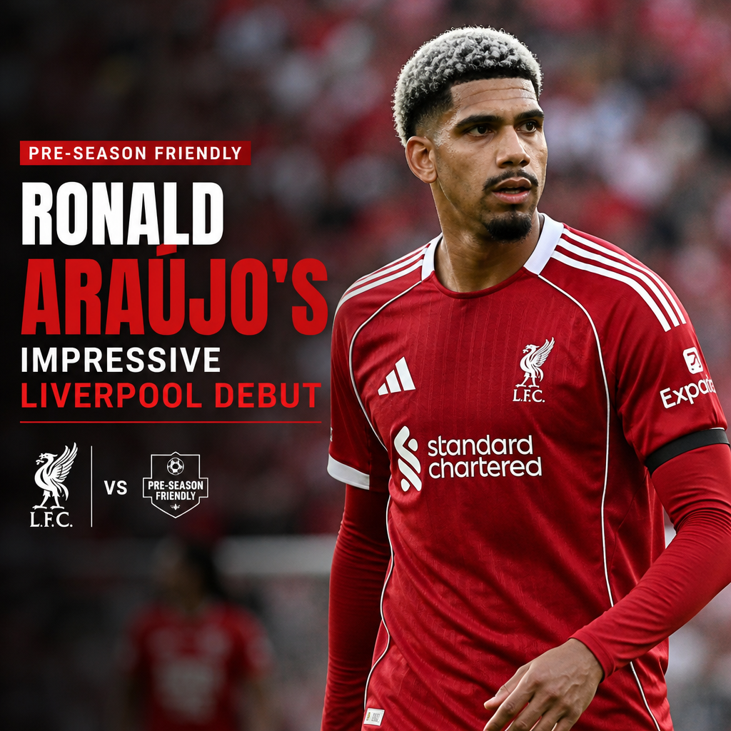 Ronald Araújo in Liverpool kit celebrates during his impressive pre-season debut match.
