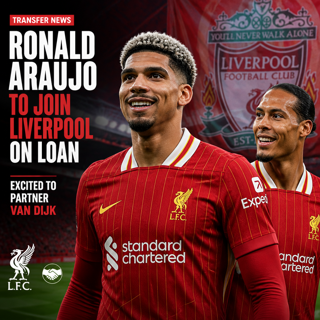 Ronald Araujo in Barcelona jersey smiling, ready to join Liverpool on loan and partner with Virgil van Dijk.