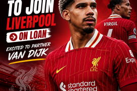 Ronald Araujo in FC Barcelona kit, smiling and holding a Liverpool jersey, excited to join on loan.