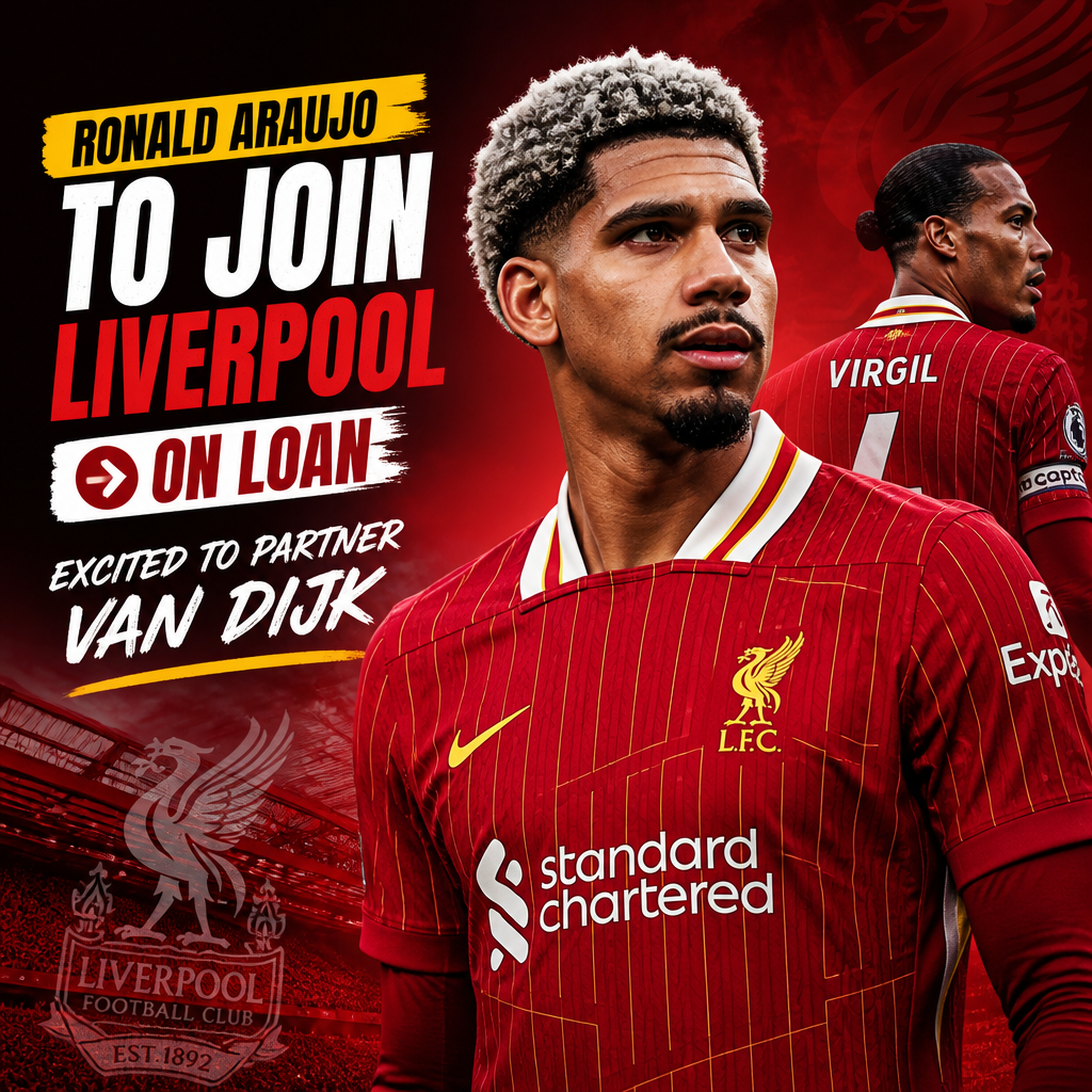 Ronald Araujo in FC Barcelona kit, smiling and holding a Liverpool jersey, excited to join on loan.