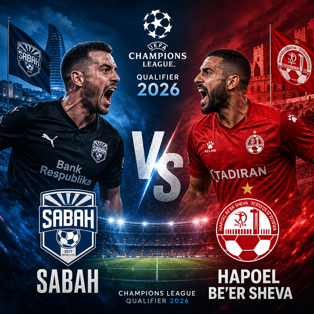 Sabah and Hapoel Be'er Sheva players fighting for the ball during the UEFA Champions League 2026 qualifier match.