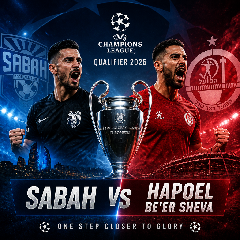 Promotional graphic for UEFA Champions League 2026 qualifier match between Sabah FC and Hapoel Be'er Sheva.