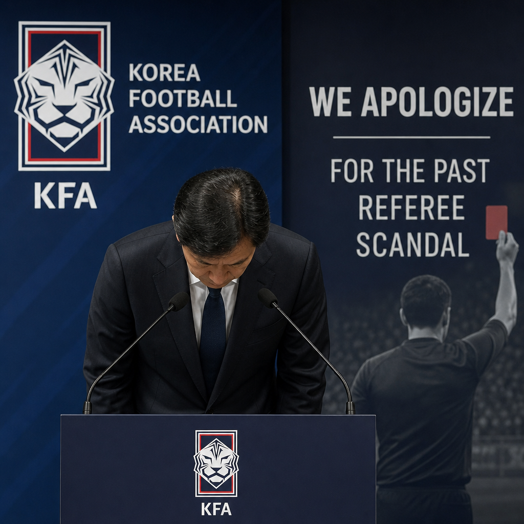 South Korea Football Association official apologizing during a press conference about a past referee scandal.