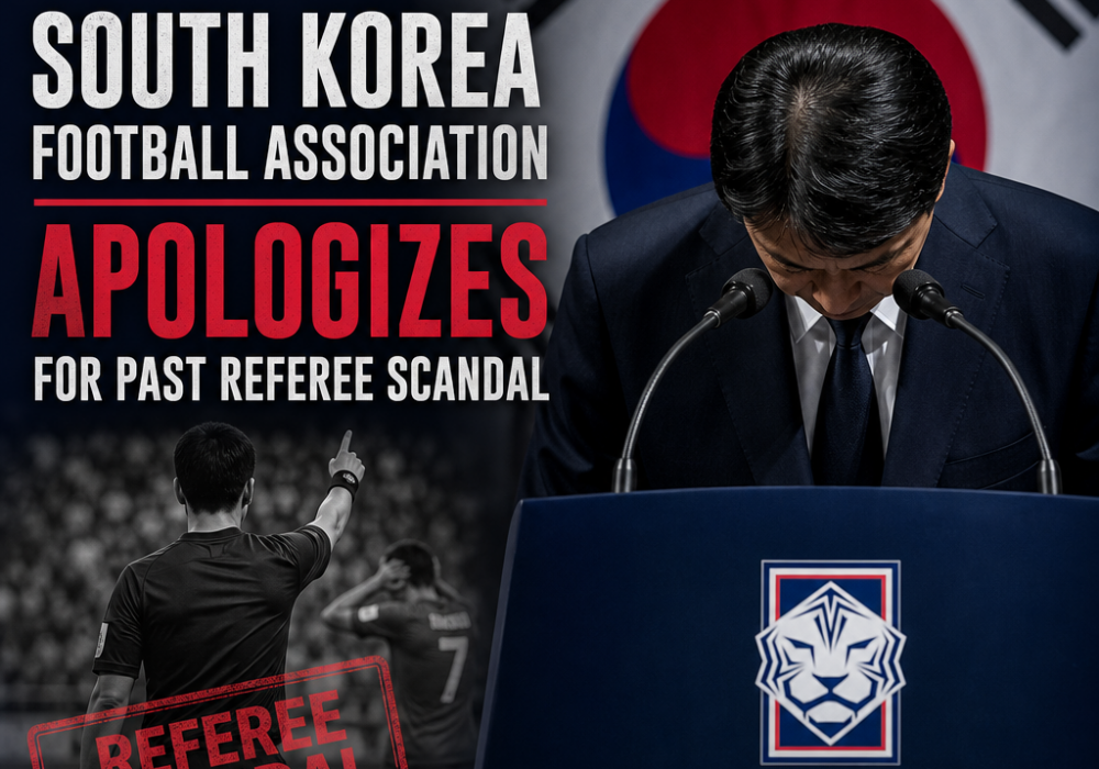 South Korea Football Association officials bow deeply during a public apology for a past referee scandal.
