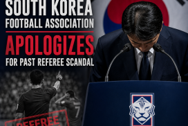 South Korea Football Association officials bow deeply during a public apology for a past referee scandal.
