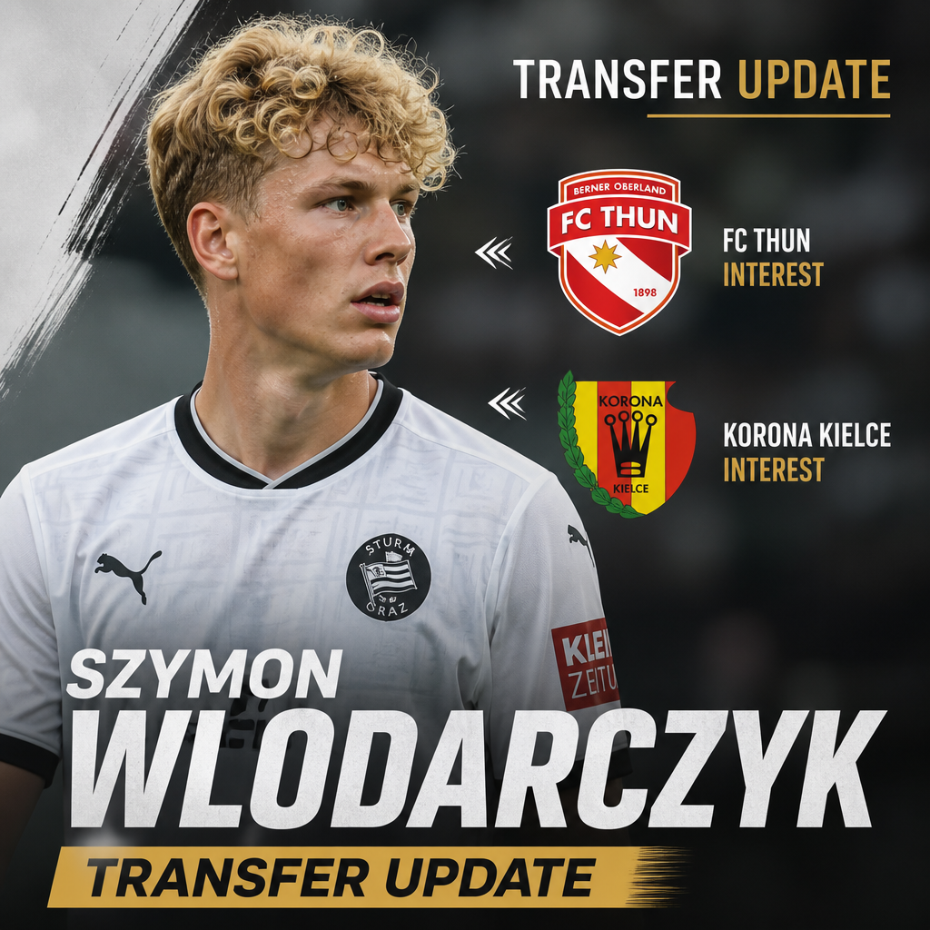 Portrait of Szymon Włodarczyk in a red soccer jersey with transfer update text and club logos.