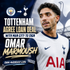 Omar Marmoush in Tottenham kit celebrating, with Manchester City and Tottenham logos in the background.