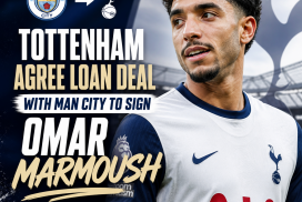 Omar Marmoush in Tottenham kit celebrating, with Manchester City and Tottenham logos in the background.