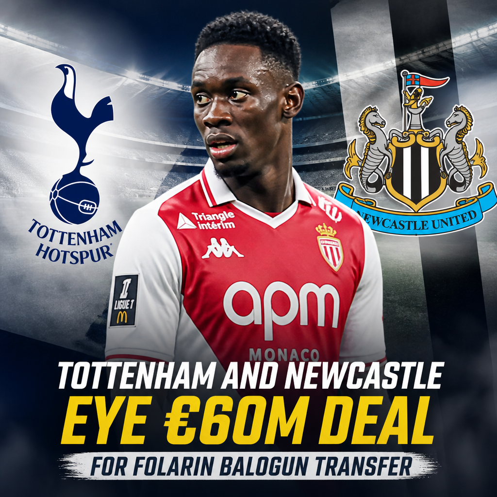 Footballers from Tottenham and Newcastle discussing a €60 million transfer deal for Folarin Balogun.