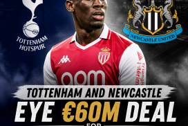 Folarin Balogun in Arsenal kit with Tottenham and Newcastle logos indicating a €60 million transfer interest.