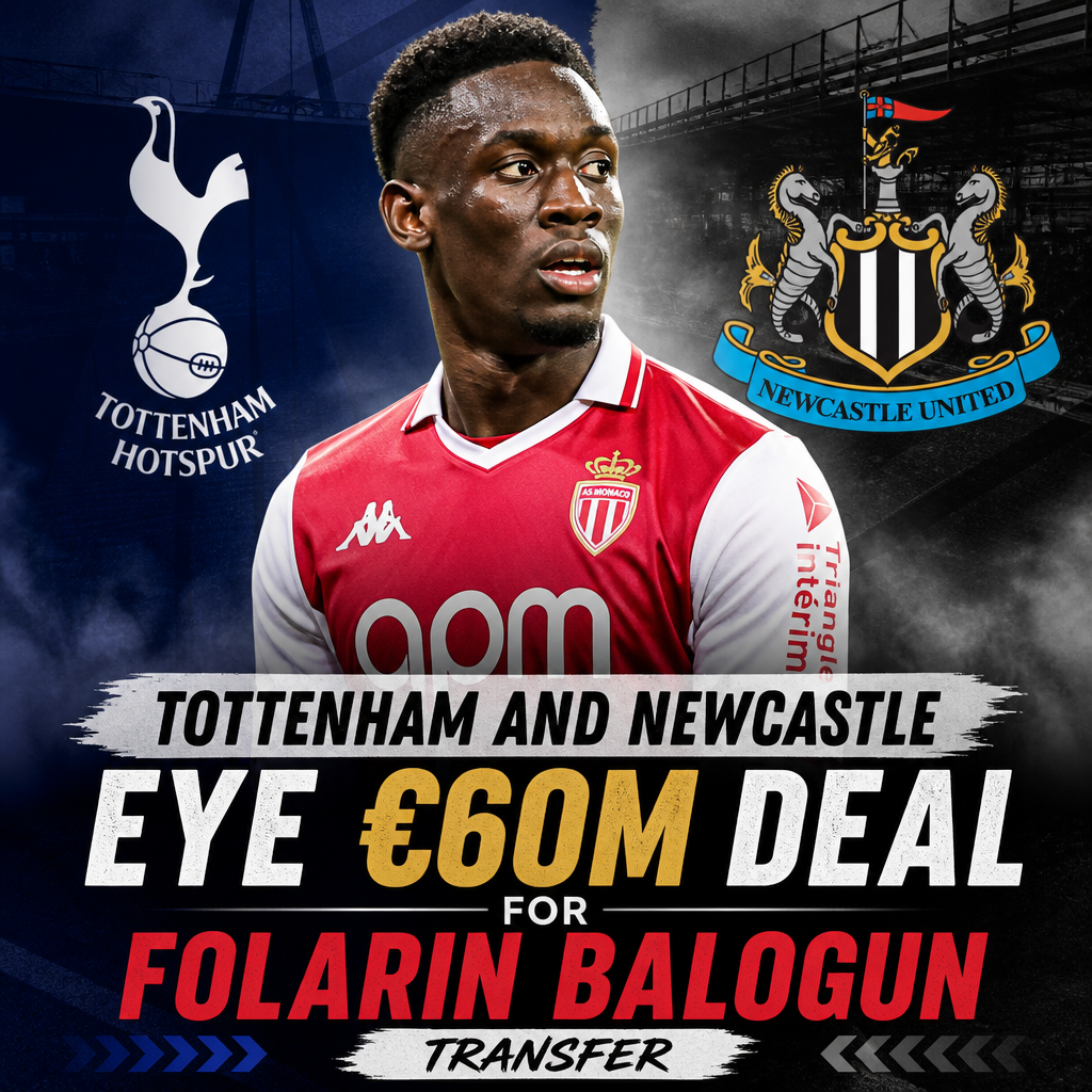 Folarin Balogun in Arsenal kit with Tottenham and Newcastle logos indicating a €60 million transfer interest.