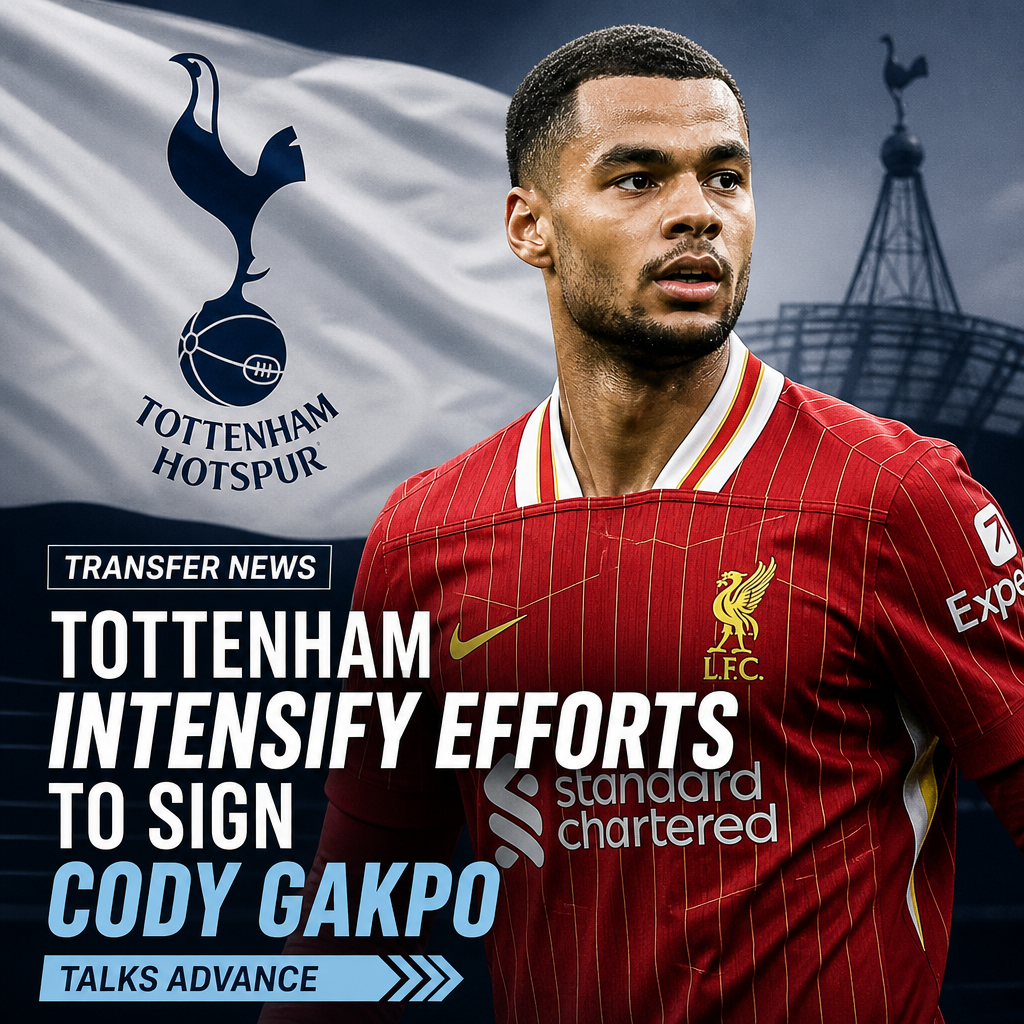 Tottenham Hotspur’s Cody Gakpo in action, with club logos and transfer news background.