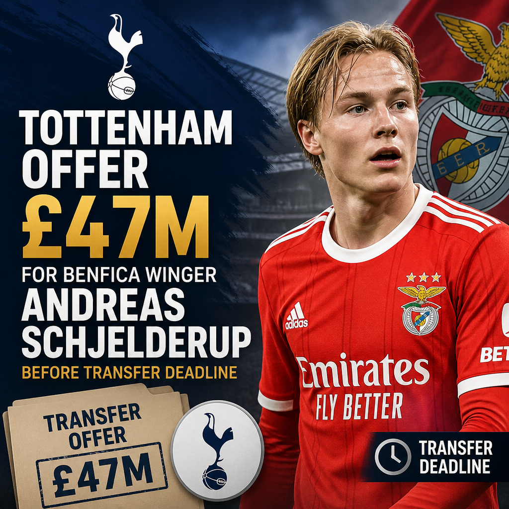 Tottenham Hotspur offers £47 million for Benfica winger Andreas Schjelderup before the transfer deadline.