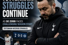 Tottenham Hotspur coach De Zerbi looks concerned during a tense match, reflecting the team's ongoing struggles this season.