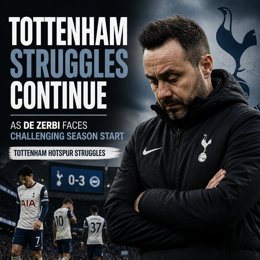 Tottenham Hotspur coach De Zerbi looks concerned during a tense match, reflecting the team's ongoing struggles this season.