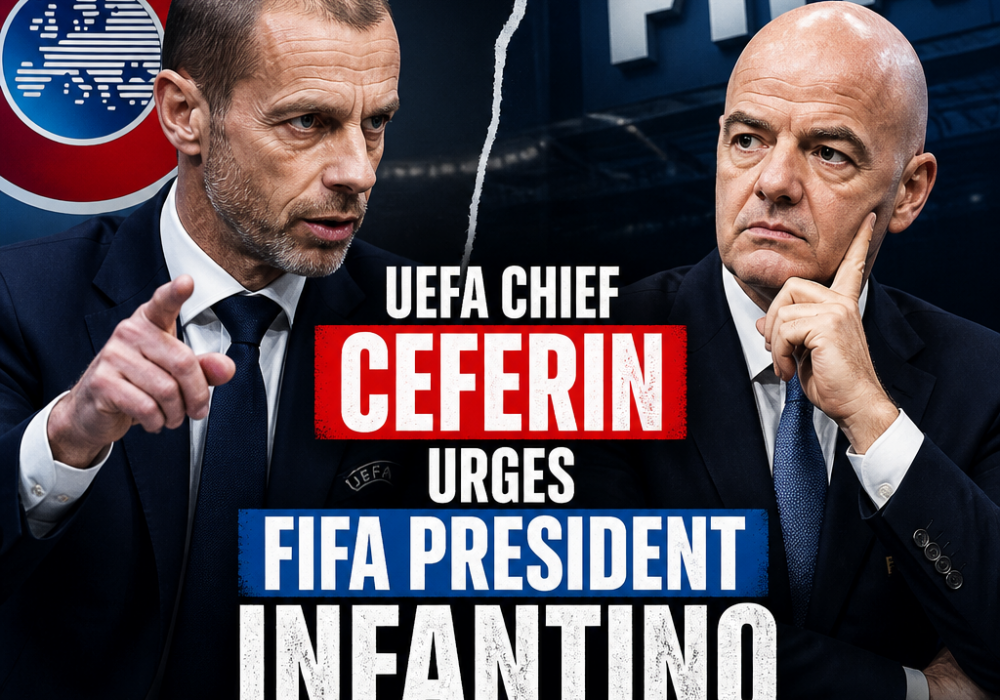 UEFA Chief Aleksander Ceferin speaking at a press conference with a microphone and red backdrop.