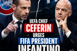 UEFA Chief Aleksander Ceferin speaking at a press conference with a microphone and red backdrop.