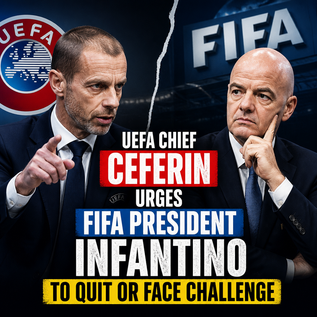 UEFA Chief Aleksander Ceferin speaking at a press conference with a microphone and red backdrop.