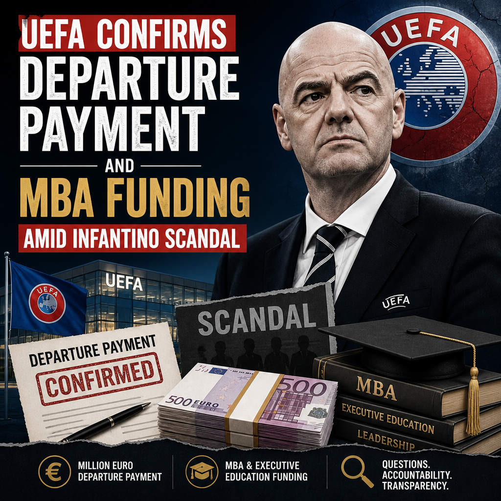 UEFA officials and executives seated at a press conference with microphones and nameplates.