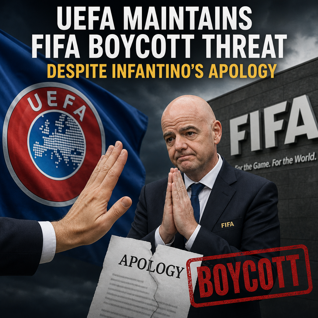 UEFA officials in a meeting room discussing football governance amid ongoing FIFA boycott threats.