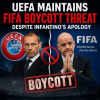 Prominent UEFA and FIFA football officials sit together during a press conference amid boycott talks.