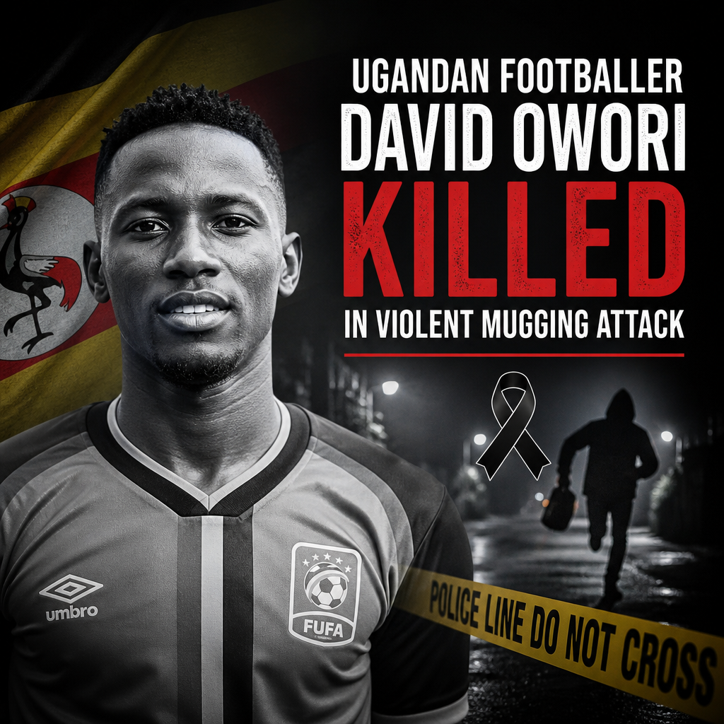 Portrait of Ugandan footballer David Owori wearing a green and yellow sports jersey.