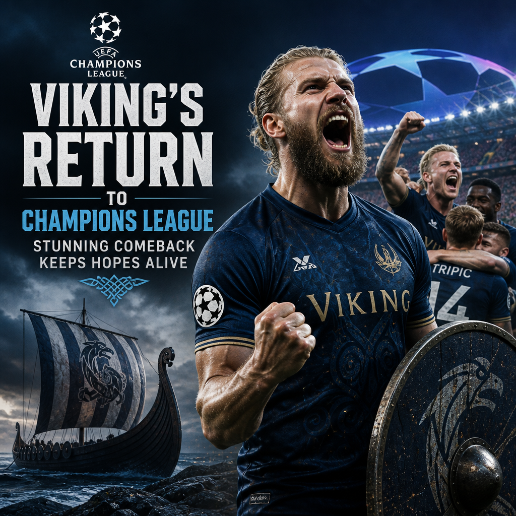 Viking football players celebrate a goal during a thrilling UEFA Champions League match comeback.
