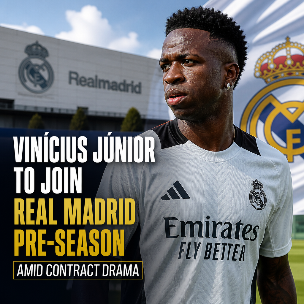 Vinícius Júnior in Real Madrid kit, smiling with stadium background, ready for pre-season amid contract discussions.