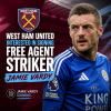 West Ham United logo with text about interest in signing free agent striker Jamie Vardy.