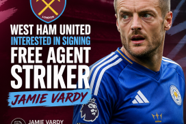 West Ham United logo with text about interest in signing free agent striker Jamie Vardy.