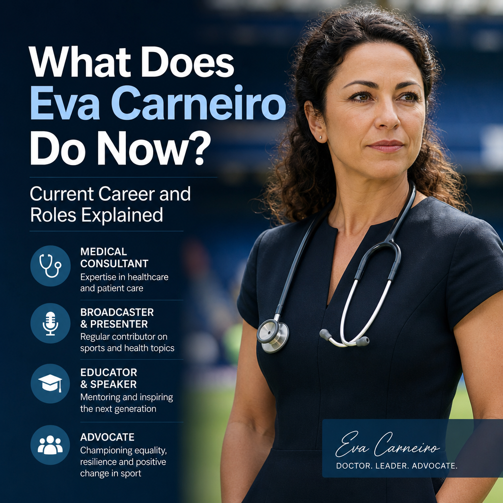 Eva Carneiro speaking on a panel, highlighting her roles as medical consultant, broadcaster, educator, and advocate.