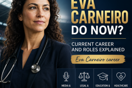 Portrait of Eva Carneiro with icons representing media, legal advocacy, education, and healthcare leadership roles.