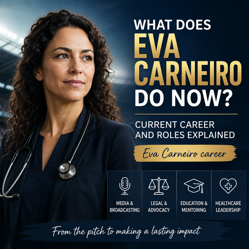 Portrait of Eva Carneiro with icons representing media, legal advocacy, education, and healthcare leadership roles.