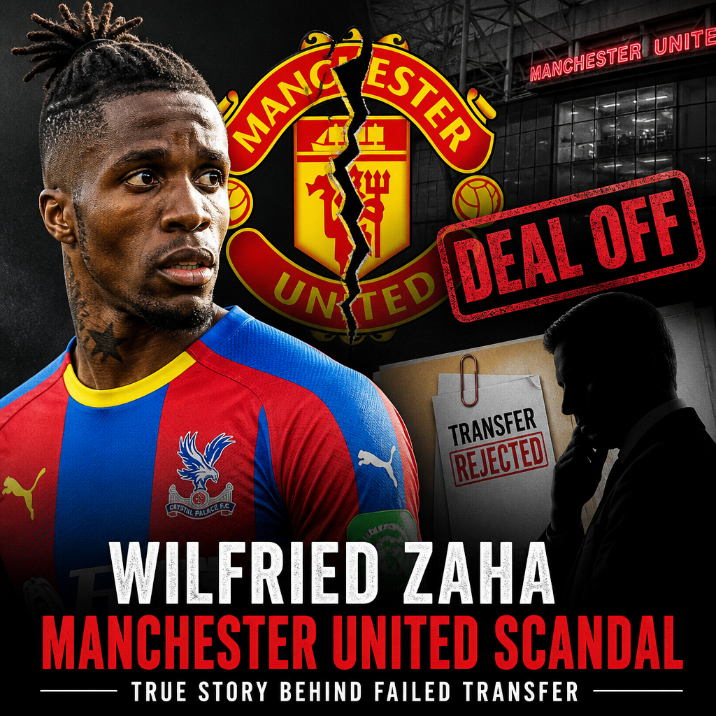 Wilfried Zaha in crystal palace jersey with Manchester United logo faded behind him.
