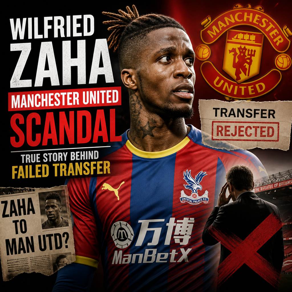 Wilfried Zaha in a Manchester United jersey with a shocked expression, highlighting his failed transfer scandal.