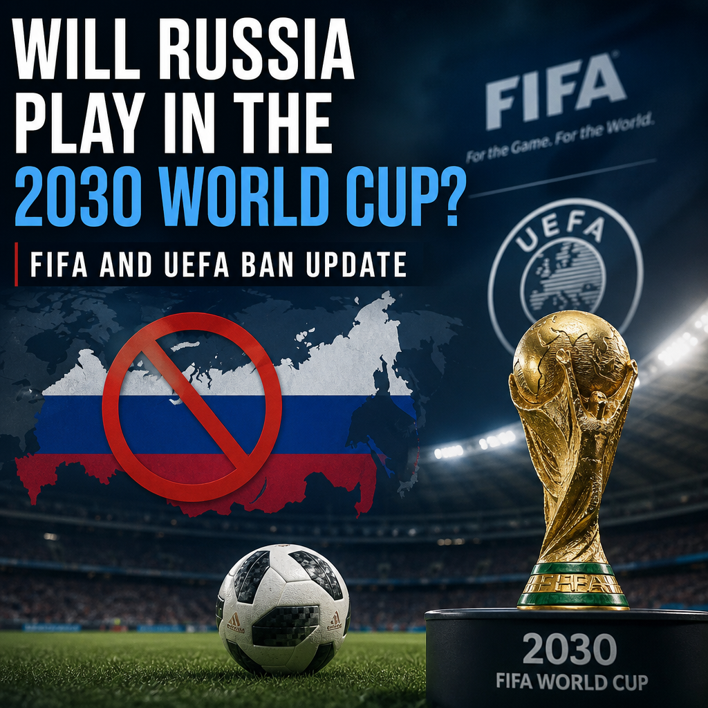 Map highlighting Russia, marked with a ban symbol indicating FIFA and UEFA ban from the 2030 World Cup.