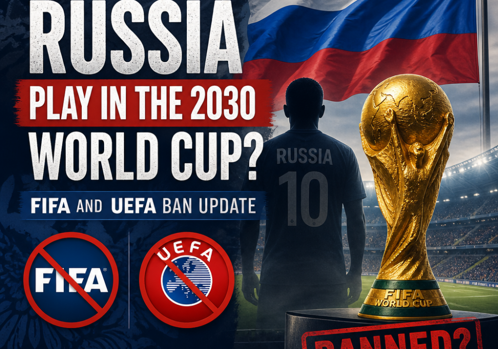 Graphic showing Russia banned from FIFA and UEFA competitions with a question about 2030 World Cup participation.