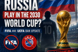 Graphic showing Russia banned from FIFA and UEFA competitions with a question about 2030 World Cup participation.