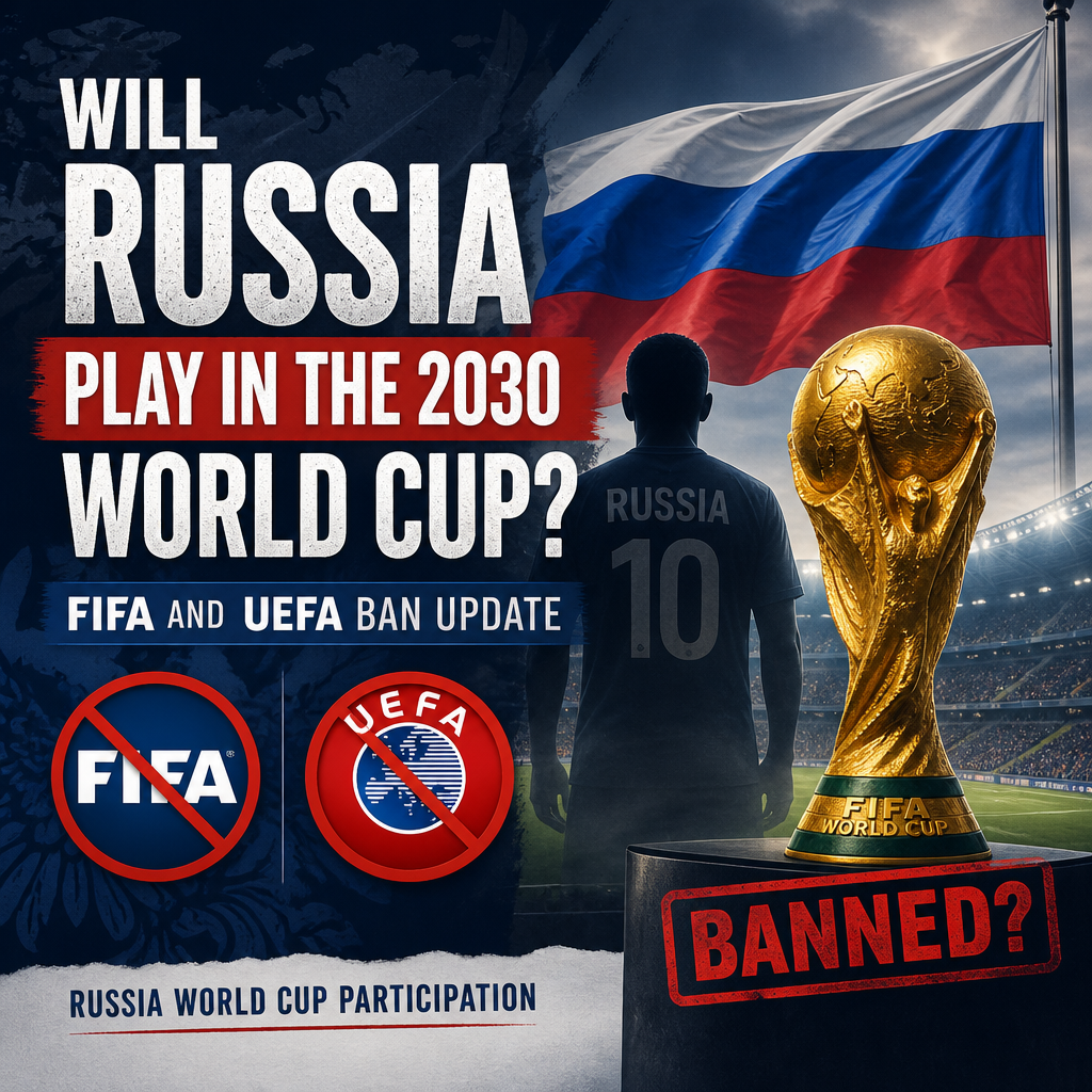 Graphic showing Russia banned from FIFA and UEFA competitions with a question about 2030 World Cup participation.