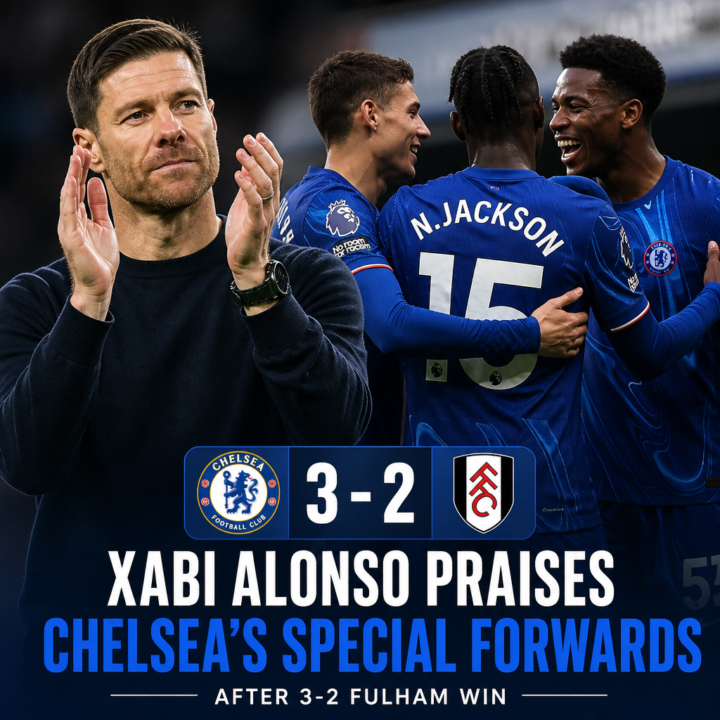 Xabi Alonso celebrating with Chelsea forwards after their 3-2 win against Fulham.