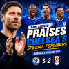 Xabi Alonso gesturing during a press conference, praising Chelsea’s forwards after their 3-2 win against Fulham.