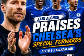 Xabi Alonso gesturing during a press conference, praising Chelsea’s forwards after their 3-2 win against Fulham.
