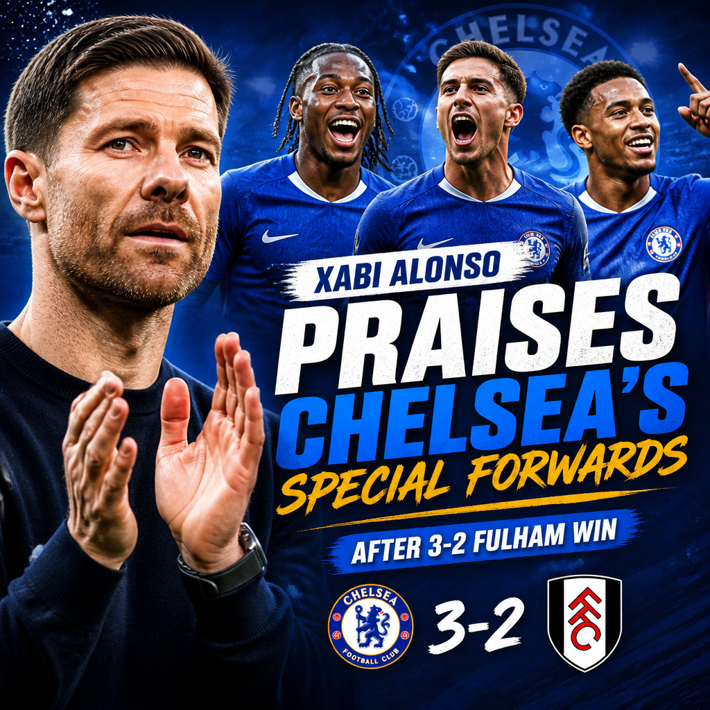 Xabi Alonso gesturing during a press conference, praising Chelsea’s forwards after their 3-2 win against Fulham.