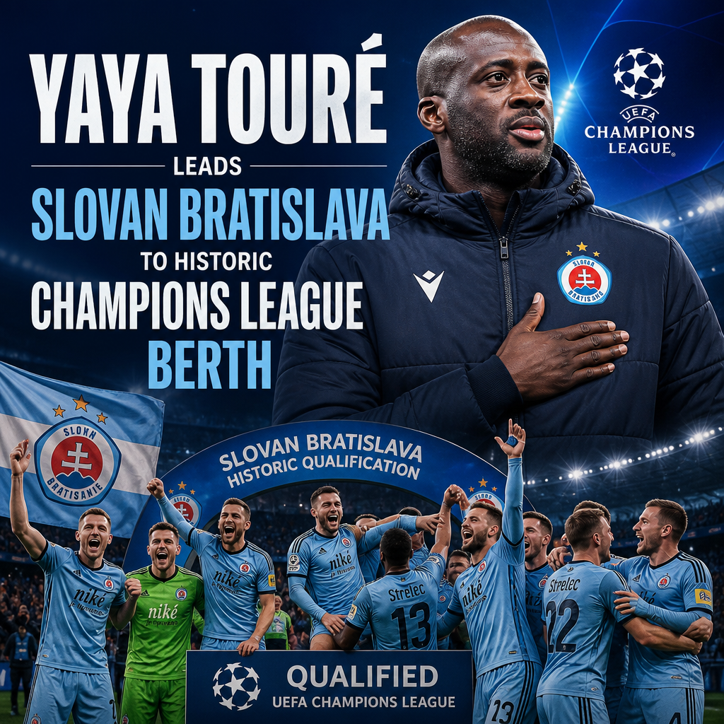 Yaya Touré celebrating with Slovan Bratislava players after historic UEFA Champions League qualification.