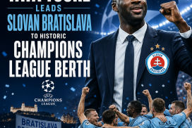 Yaya Touré celebrates with Slovan Bratislava players after qualifying for the UEFA Champions League.