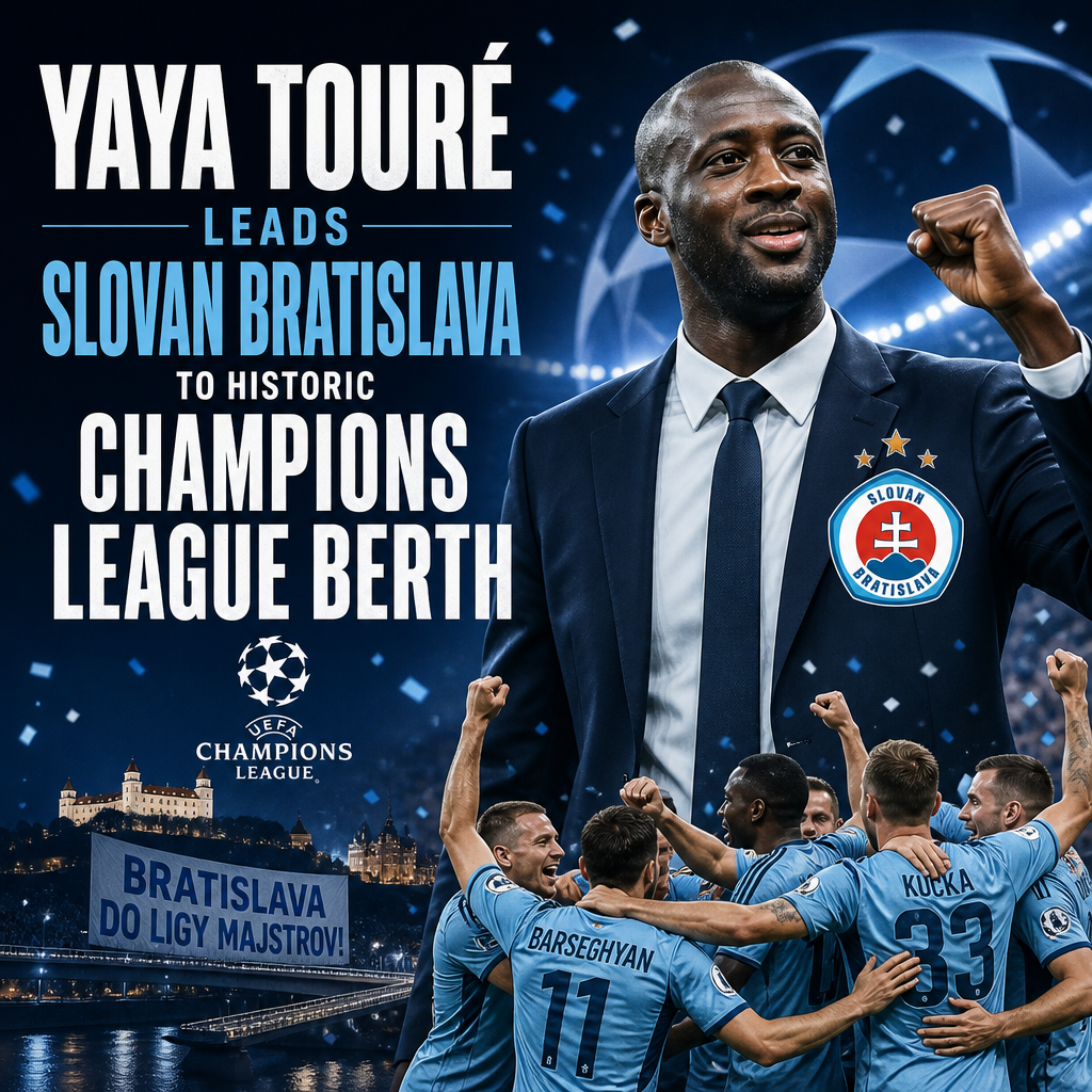 Yaya Touré celebrates with Slovan Bratislava players after qualifying for the UEFA Champions League.