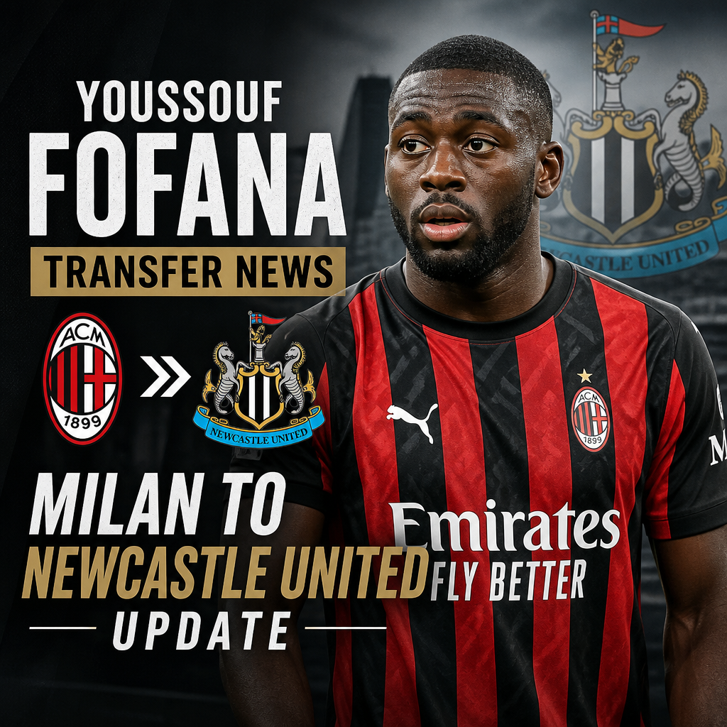 Youssouf Fofana in AC Milan jersey with transfer news to Newcastle United text overlay.