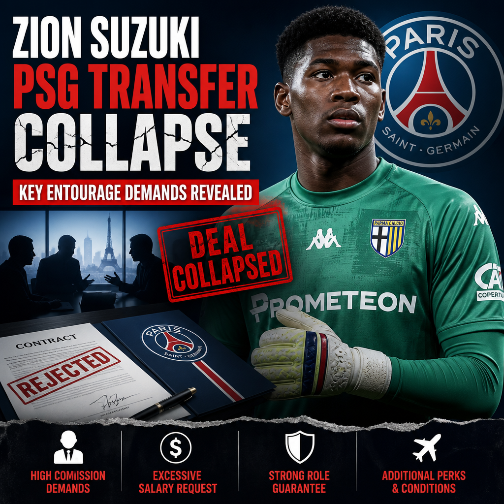 Zion Suzuki in PSG jersey with text about transfer collapse over entourage's high demands.